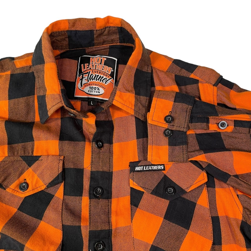 Hot Leathers L Orange Black Flannel Shirt Buffalo Plaid Biker Grunge Aesthetic